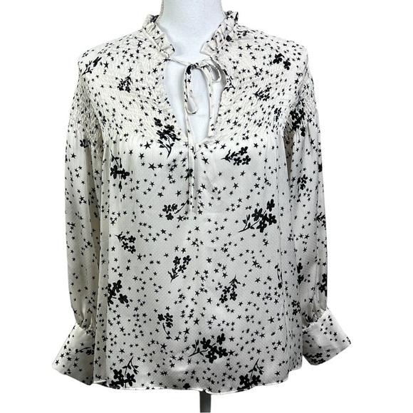 Zara Blouse Women's XS Stars and Flower Print Smocked Chest Keyhole Tie Closure - Picture 2 of 10
